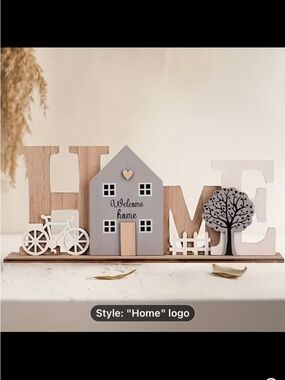 Wooden 'Home' Mantel Sign with House and Bicycle - Neutral Tones